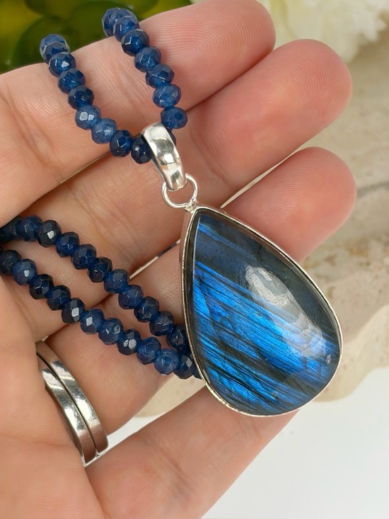 Handmade Jewelry - Pure Sterling Silver 925 Chunky Blue Labradorite Pendant Sapphire Necklace New